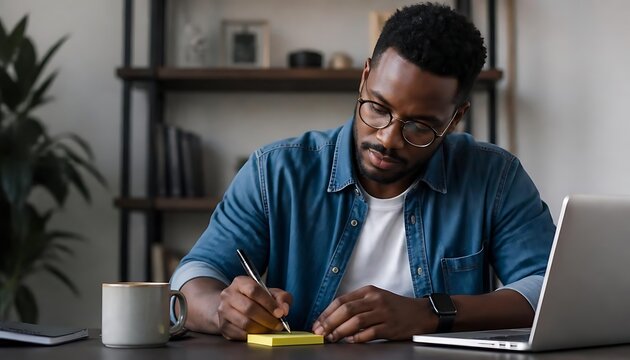 African man concentrates while writing on a yellow sticky note at a desk