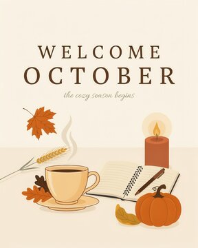 Cozy october welcome with coffee, candle, and pumpkin