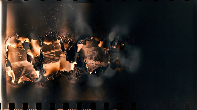 Damaged thirtyfive millimeter photographic film strip with burnt edges and light leaks
