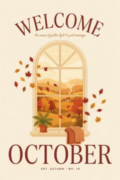 Cozy october window scene with falling leaves autumn