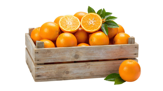 Fresh orange fruits inside a rustic wooden crate with green leaves and a sliced citrus fruit half