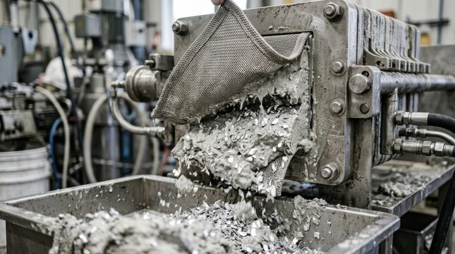 Filtration press discharging slurry cakes, stainless filter cloth, and aluminum chips in an industrial processing plant.