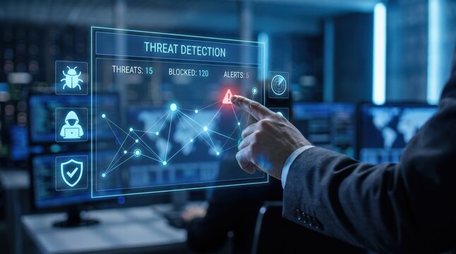Professional analyst performing a digital cyber security and business swot analysis on a futuristic holographic interface display screen