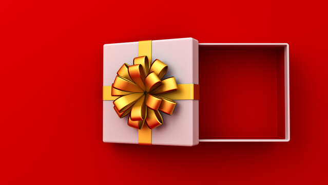 Top view of blank white gift box products display mockup or opened present box tied with gold ribbon bow on dark red background with copy space minimal creative idea conceptual 3D rendering
