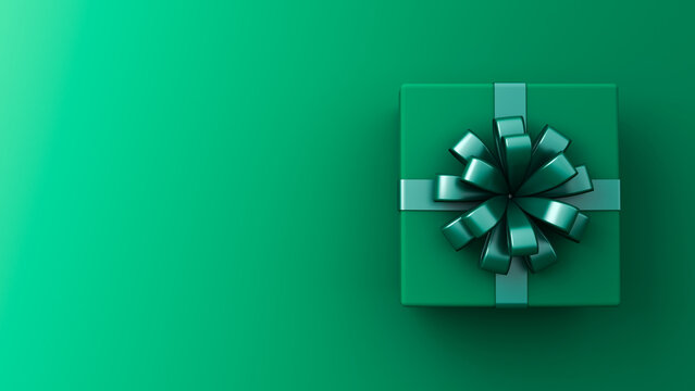 Green gift box or top view of green present box tied with green ribbon bow isolated on dark green gradient background with empty copy space on the left side minimal conceptual 3D rendering