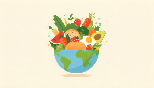 Globe bowl filled with colorful healthy foods representing global nutrition care.