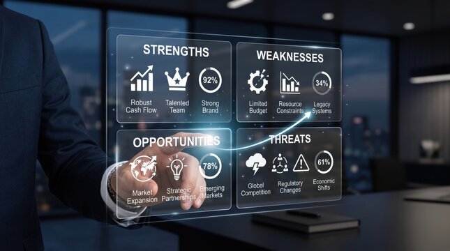 Business professional using a digital interface to conduct a comprehensive cyber security and business swot analysis strategy