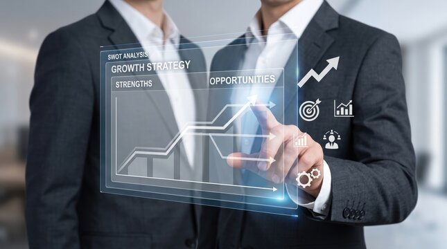 Business professionals analyzing cyber security and business swot analysis data using a futuristic digital holographic interface in office