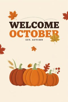 Welcome october, autumn pumpkins and leaves gourds