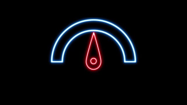 Blue Neon Speedometer Gauge with Red Needle on Black Background