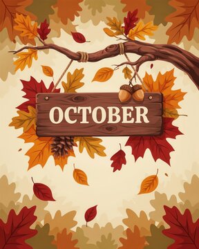 Wooden october sign surrounded by autumn leaves and acorns