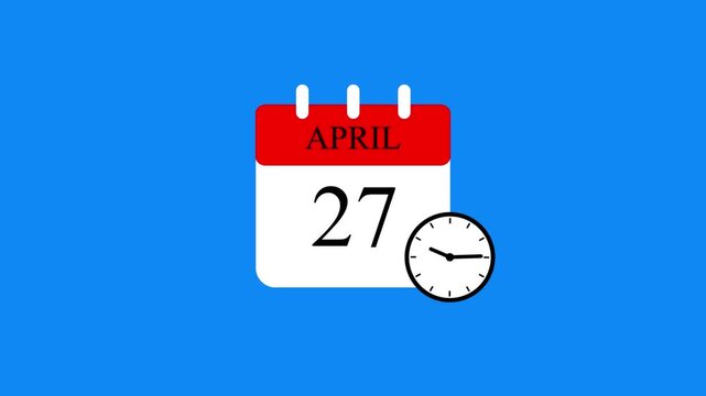 Calendar page showing April 27th with a clock icon on a SKY BLUE  background twenty-four date