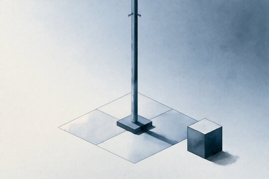Minimalist isometric composition featuring a tall thin vertical pole standing on a square base with a small cube positioned on the floor nearby