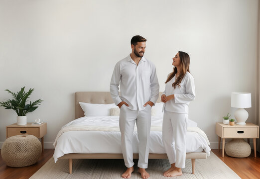 Happy couple wearing matching white family pajamas, ai generated. Man and woman stand together in modern bedroom. Cozy pair sleepwear, match loungewear and comfort home clothing concept.