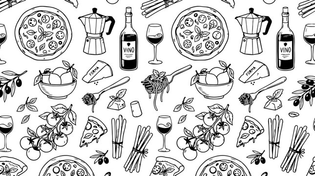 Italian Food Seamless Pattern Hand Drawn Vector Illustration