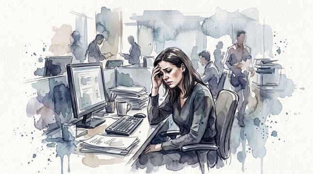 Sad woman sits at her desk while coworkers move around her. She feels isolated by grief despite the surrounding activity. Muted watercolor tones evoke heavy emotions. Ideal for mental health articles.
