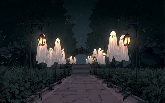 A spooky pathway at night decorated with numerous glowing ghost figures and lanterns, leading to an archway.