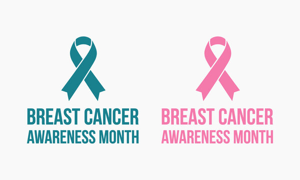 Breast cancer awareness month symbols with pink and teal ribbons and text