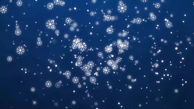 Slow motion snow falling, relaxing nature background, Christmas blue background with snowflakes - falling snow, slowly falling snowflakes seamless loop animation particle snowflake overlay. 4k video