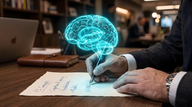 Artificial intelligence concept with glowing brain hovering over a writing hand