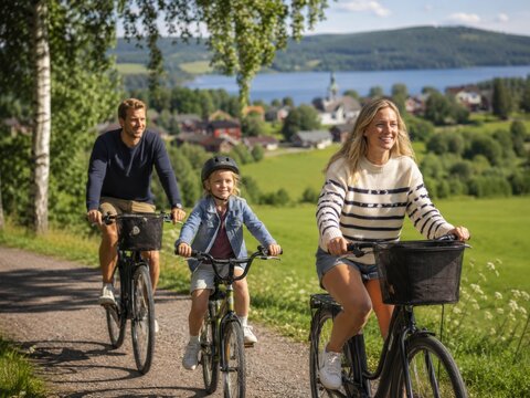 Familie mit Kind auf Fahrradtour durch die schwedische Seenlandschaft. Freundliches Sommermotiv f&uuml;r aktiven Urlaub, Naturerlebnis, lokalen Tourismus und Reisekatalog.