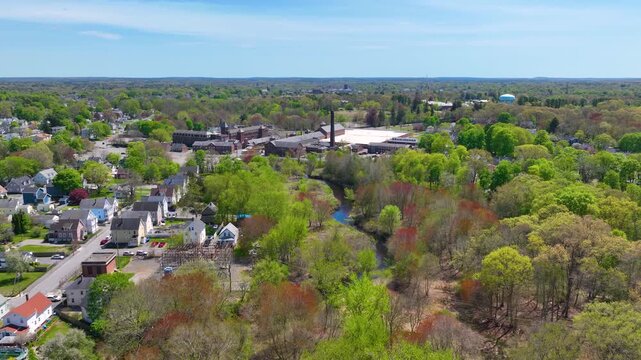 Barton Mills Complex building aerial view on Mill River in city of Taunton, Bristol County, Massachusetts MA, USA. 