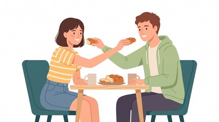 Fototapeta premium Couple sharing breakfast: A young couple sits at a table, sharing pastries and coffee during breakfast, conveying a sense of warmth and intimacy.