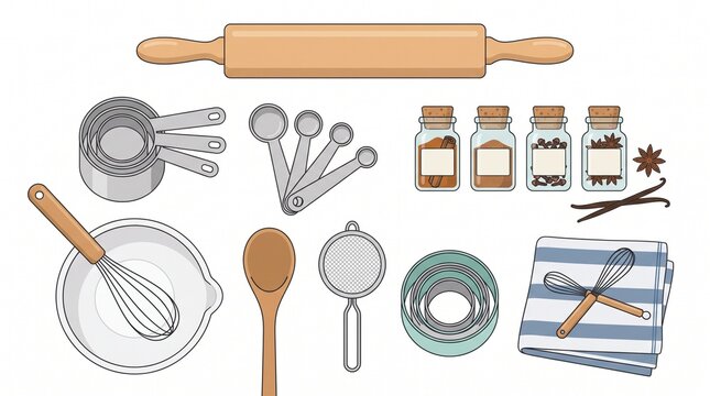 Baking Essentials: A collection of baking tools and ingredients including a rolling pin, measuring cups, spoons, whisks, bowls, and spices, all neatly arranged for culinary creation.