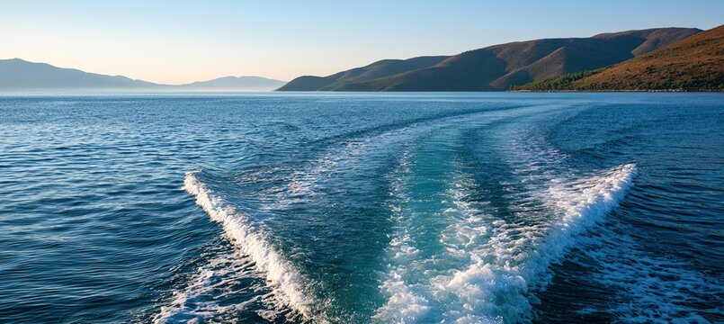 Boat wake curving across calm sea toward distant coastal hills