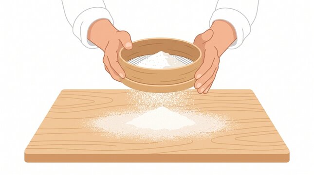 Sifting Flour: A baker's hands expertly sift fine white flour through a sieve onto a rustic wooden board, preparing ingredients for a delicious culinary creation.
