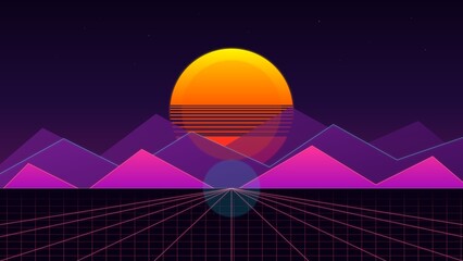 Neon Cyberpunk Geometric Grid Sunset Landscape © Neyledes