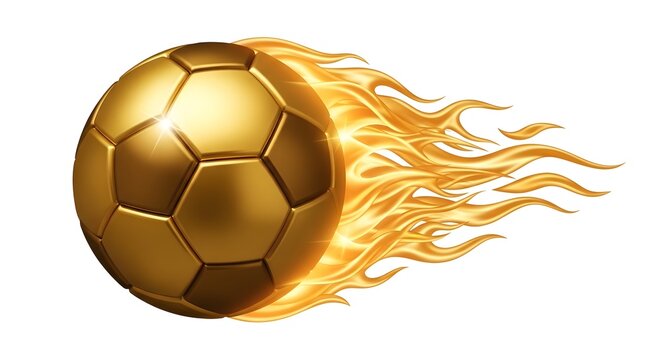 A brilliantly golden soccer ball is shown with intense dynamic flames powerfully erupting all over its surface against a plain