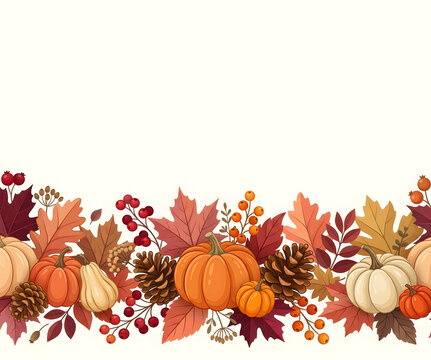 Stylized Autumn Harvest Border with Pumpkins, Pinecones, Berries and Fall Leaves on White Background, Thanksgiving Banner with Copy Space.
