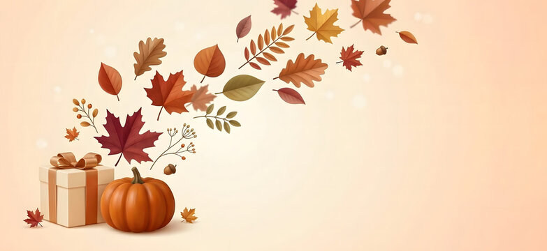 3D Stylized Autumn Harvest Pumpkin and Gift Box with Falling Maple Leaves and Acorns on Beige Background, Thanksgiving Banner with Copy Space.