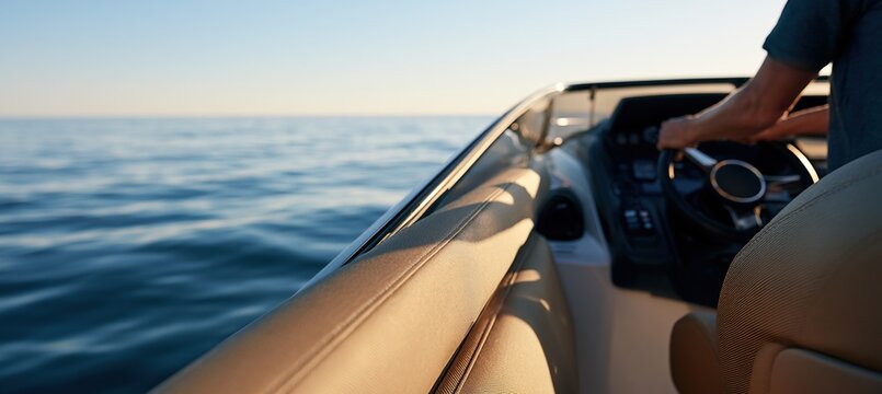 Helmsman steering yacht on calm blue water minimalist lifestyle