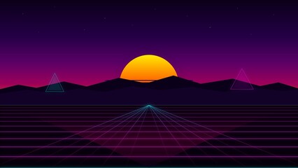 Neon Sunset Cyberpunk Grid Abstract Background © Neyledes