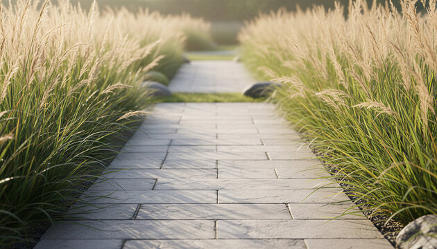 Ornamental grass borders lining a clean garden path in a serene outdoor setting
