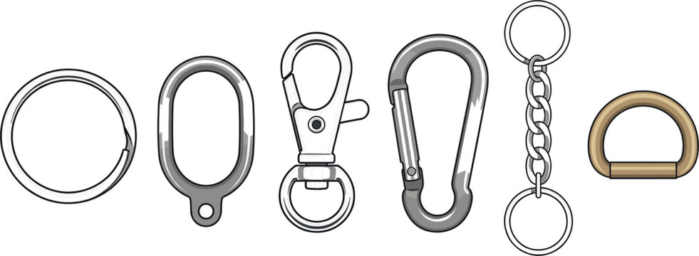 Metallic key ring and swivel snap hook vector illustration set with technical hardware carabiner clip and d-ring isolated on white background