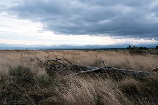 Ishikawa coastal meadow storm washed driftwood under cloudy sky