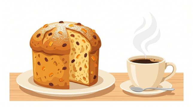 Delicious Panettone and Coffee: A festive panettone bread, studded with candied fruits and raisins, sits on a plate next to a steaming cup of black coffee.