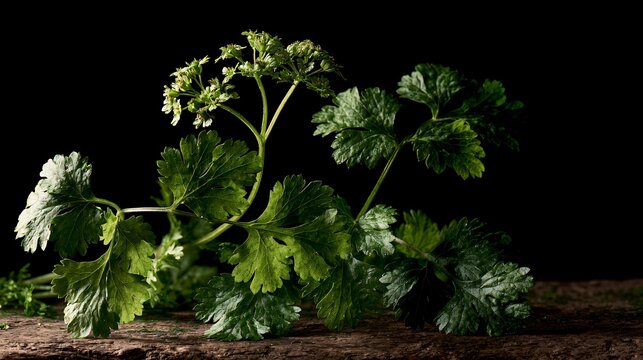 A premium cookbook-cover composition featuring coriander plant styled with luxurious asymmetry, elegant lighting, and uninterrupted editorial copy space