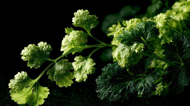 A premium cookbook-cover composition featuring coriander plant styled with luxurious asymmetry, elegant lighting, and uninterrupted editorial copy space