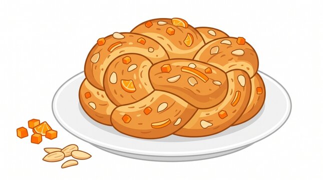 Braided Sweet Bread with Nuts and Dried Fruit: A close-up illustration of a golden-brown braided sweet bread, topped with almonds and pieces of dried fruit, served on a white plate.