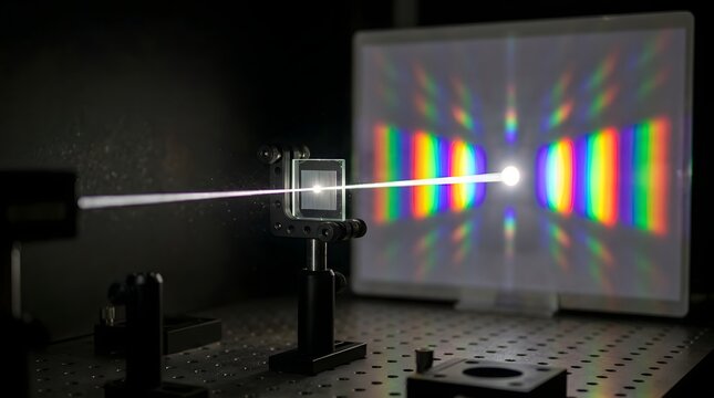 Laser beam passing through diffraction grating creating colorful spectral interference pattern on white screen during advanced physics laboratory light experiment setup