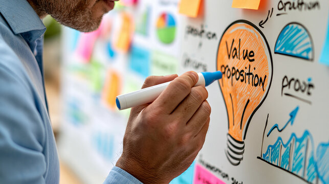 Entrepreneur shaping a value proposition diagram on a whiteboard, colorful business strategy sketches and charts, creative planning, innovation process, with copy space
