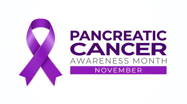Pancreatic cancer awareness month illustration with a purple ribbon symbolizing support and hope for those affected by the disease