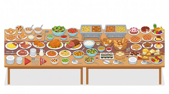 Feast for the Senses: A long, laden table groans under the weight of a diverse and abundant buffet, showcasing a delectable array of dishes from savory roasts to sweet desserts.