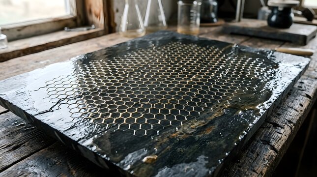 Golden honeycomb pattern embedded inside polished dark stone slab resting on rustic wooden table with laboratory glassware in the background