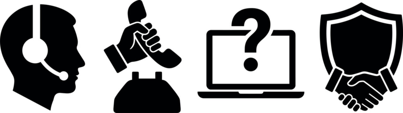 Set of customer service and support icons including headset, phone, help, and security handshake