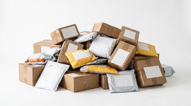 A large pile of cardboard boxes and padded envelopes for shipping and delivery on a white background